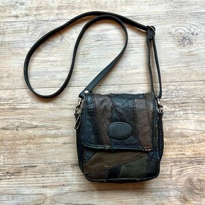 Vintage Patchwork Leather Crossbody Bag 90s Brown Black Unique Compartments